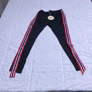 Stylish Black Leggings with Red and White Stripes